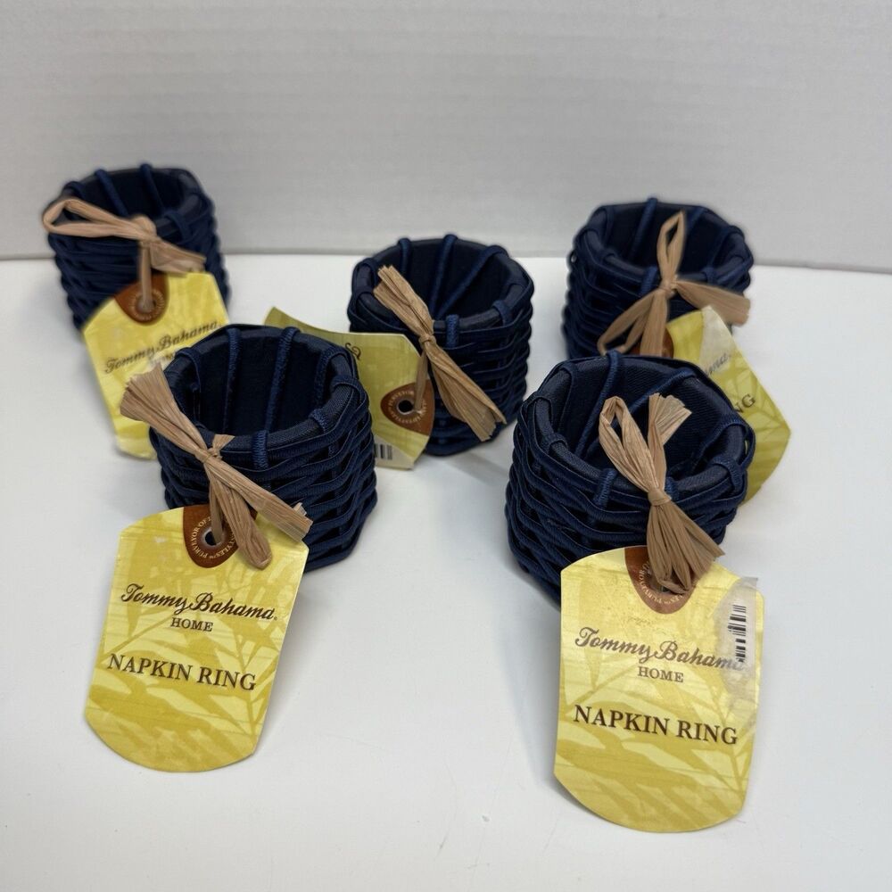 Tommy Bahama Home Cabana Wicker Design Pattern Navy Napkin Rings Set Of 5 New